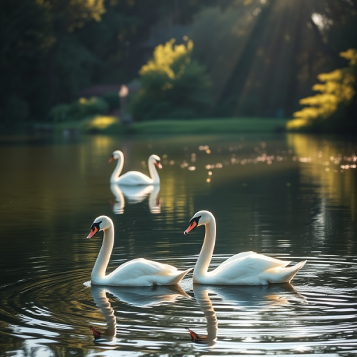 Create an image of elegant swans swimming gracefully on a tranquil lake surrounded by lush greenery and soft sunlight filtering through the trees, captured with a Canon EOS R5 at f/2.8, ISO 100, 50mm lens, using a soft focus style for a dreamy atmosphere.