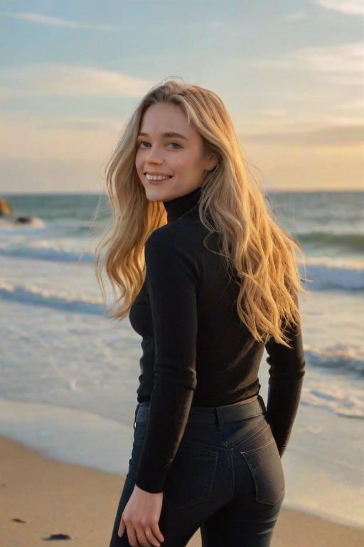 a young woman standing in the center of the frame, directly facing the viewer with a warm smile on her face, her long, blonde hair cascades down her back, styled in loose waves, she is a black turtleneck and a pair of jeans,  in the background, a blurred beach scene unfolds, with soft lighting that creates a serene atmosphere, the woman's body is positioned in a relaxed pose, with her weight evenly distributed on both feet, the overall effect is one of tranquility and natural beauty, inviting the viewer to step into her serene world