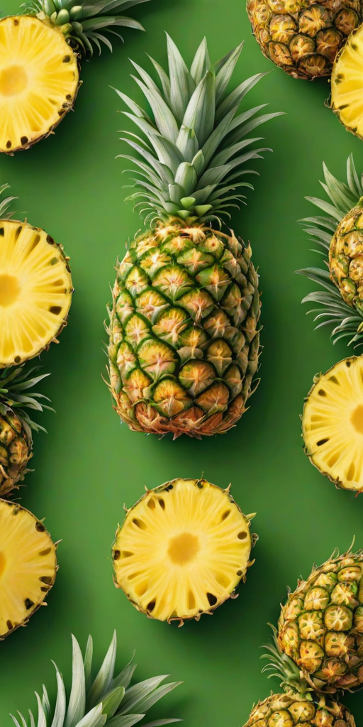 generate an illustration of a whole pineapple along with three sliced pieces, showcasing its vibrant yellow color and spiky green leaves