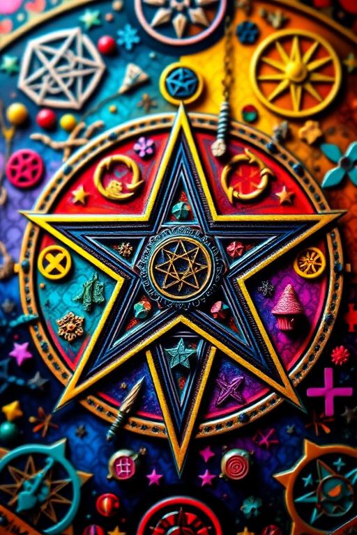 Create a vibrant and detailed image of a pentagram filled with various colorful symbols and patterns, focusing on a glossy finish and intricate designs, captured with a DSLR camera at f/8 aperture, ISO 100, 50mm lens, top-down view, using soft lighting to enhance colors and textures.