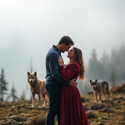 Create a romantic scene of a couple embracing in a misty mountainous landscape with wolves in the background, using a Canon EOS R5 camera with a 50mm lens, aperture set to f/1.8, shutter speed of 1/125s, ISO 100, shot from a mid-range perspective, utilizing soft focus to enhance the dreamy quality of the image.