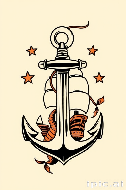 Traditional American tattoo style called "Sailor's Legacy" featuring bold outlines, limited color palette, and classic nautical imagery such as anchors, ships, and mermaids with a vintage aesthetic