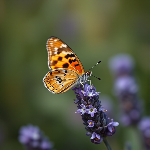 A close-up shot of a butterfly perched on lavender flowers, captured with a Canon EOS R5, 85mm f/1.2 lens, f/2.8 aperture, ISO 100, shutter speed 1/200s, natural light, with a bokeh background effect.