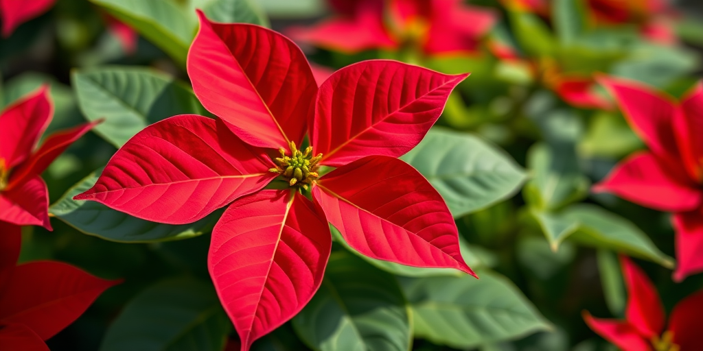 Create a high-resolution image of a poinsettia flower with vibrant red leaves and lush green foliage, captured using a DSLR camera at f/2.8 aperture, ISO 100, 50mm lens, with a shallow depth of field and natural lighting for enhanced color contrast.