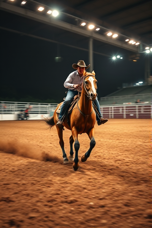 Capture an action shot of a rider on a horse galloping through a rodeo arena, using a Canon EOS R5 with a 24-70mm lens, aperture f/2.8, shutter speed 1/1000, and ISO 400 for sharpness and dynamic movement, angled from a low perspective to emphasize speed and excitement.