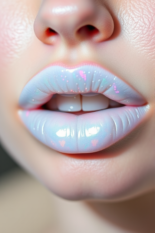 Iridescent white lip topper "Frost Queen" with opalescent shimmer and transformative effect, ideal for customizing other lip colors or creating icy looks, multi-dimensional pearl pigments