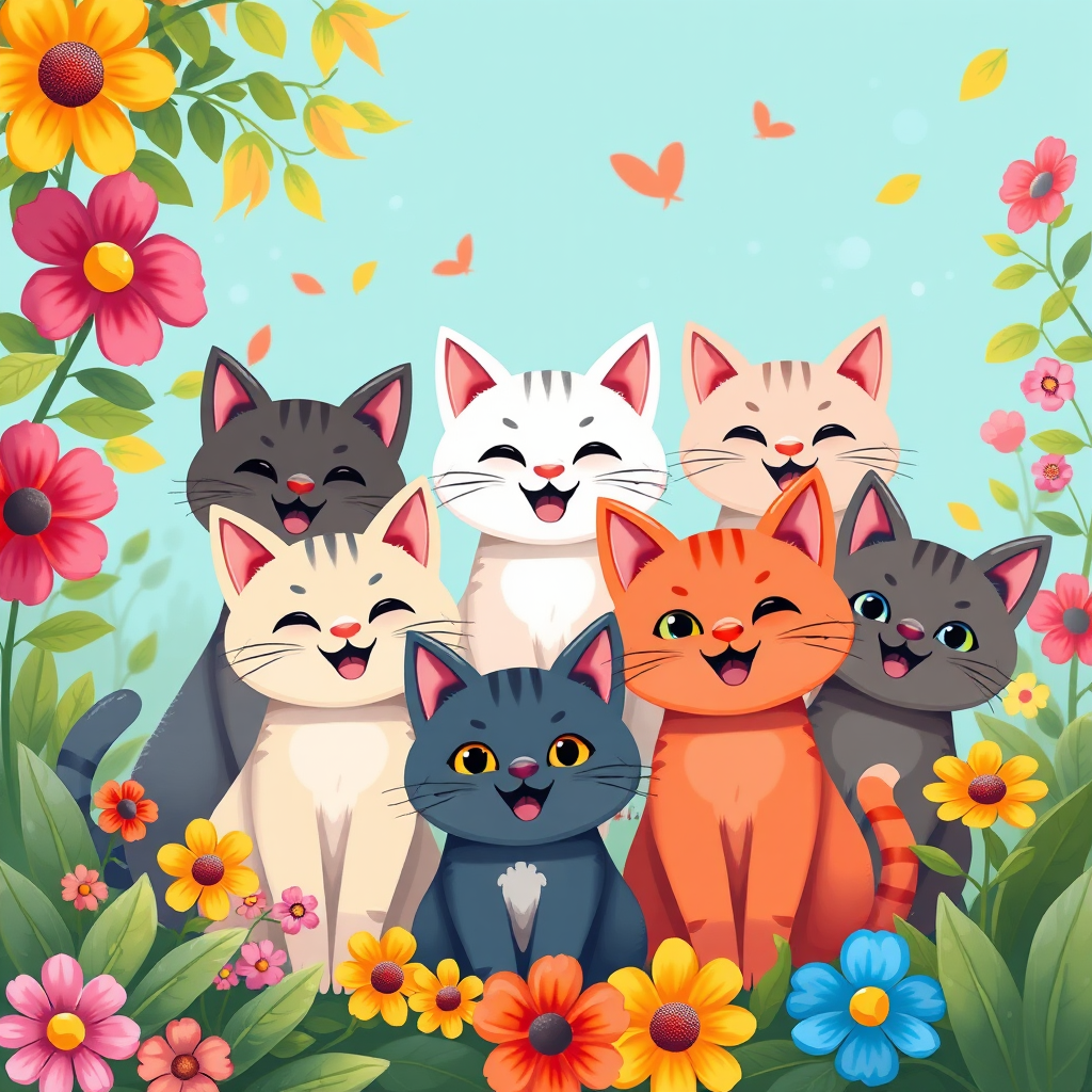 Create a vibrant digital illustration of a group of cartoon cats with various colors and expressions, surrounded by colorful flowers and leaves, use a Canon EOS 5D Mark IV with a 50mm lens, f/2.8 aperture, 100 ISO, and a bright, soft focus style for an engaging, cheerful composition.