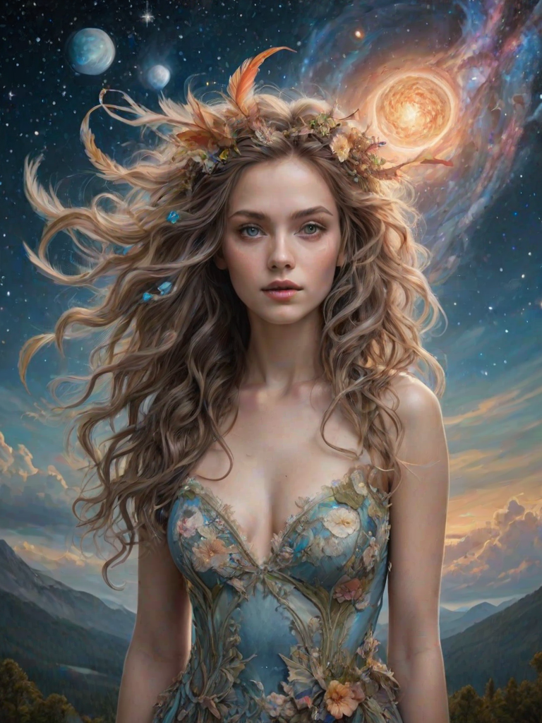 Create a series of imaginative portraits where each subject is infused with elements of fantasy and nature. The hair of the individuals should flow like clouds, varying from soft, fluffy cumulus to wispy cirrus strands, with hints of color reflecting a sunset or a clear blue sky. The eyes should be windows to entire galaxies, with stars, nebulae, and distant planets visible within them. Clothing should be adorned with nature motifs, such as floral patterns that bloom and change, vines that seem to grow and wrap around, or feathers that shimmer with iridescence. Each portrait should capture a unique personality, blending human features with the ethereal beauty of the natural and cosmic world. The backgrounds can vary, from starry night skies to enchanted forests, adding depth and context to the magical realism of the portraits