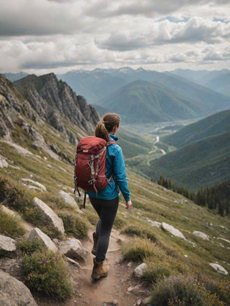Blurry action shot of a woman hiking up a mountain trail, wearing a backpack and sturdy boots, with panoramic views of the valley below, and soft clouds drifting above.