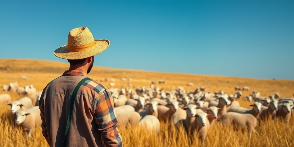 Create a serene landscape featuring a farmer wearing a straw hat standing among a flock of sheep in a golden field under a clear blue sky, using a DSLR camera with a 50mm lens, f/8 aperture, ISO 200, 1/200 sec shutter speed, shot at eye level for depth and clarity.