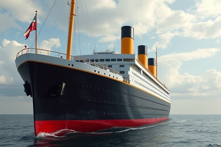 Create a high-resolution digital artwork of an ocean liner similar to the Titanic, showcasing intricate details of the ship's design, captured from a side view with a 50mm lens, f/8 aperture, ISO 200, using a DSLR camera for enhanced clarity and depth.