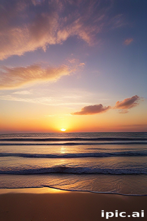Serene Sunset Over Calm Ocean Waves with Colorful Skies at Dusk