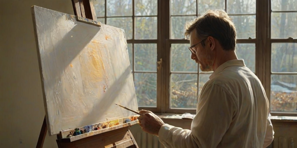 Sharp, detailed image of a painter at work in a sunlit studio, brush strokes on a canvas in progress, sunlight streaming through the windows, soft shadows cast by the easel, the smell of paint and turpentine lingering in the air.
