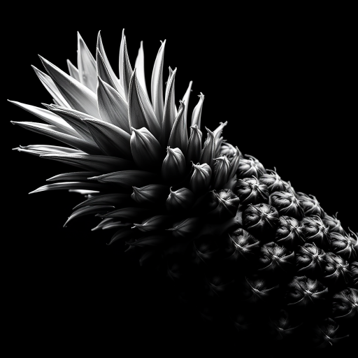 Create a high-contrast black and white image of a pineapple. The pineapple should be prominently featured with a dramatic lighting effect to highlight its texture and details. The background should be completely black to enhance the focus on the pineapple, emphasizing its unique spiky crown and rough skin.