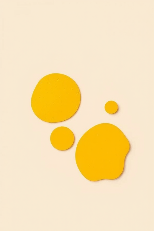 Create an abstract design featuring bold yellow organic shapes on a light beige background, captured with a DSLR camera at f/5.6 aperture, 1/125s shutter speed, ISO 100, top-down view, and high-resolution to enhance image quality.