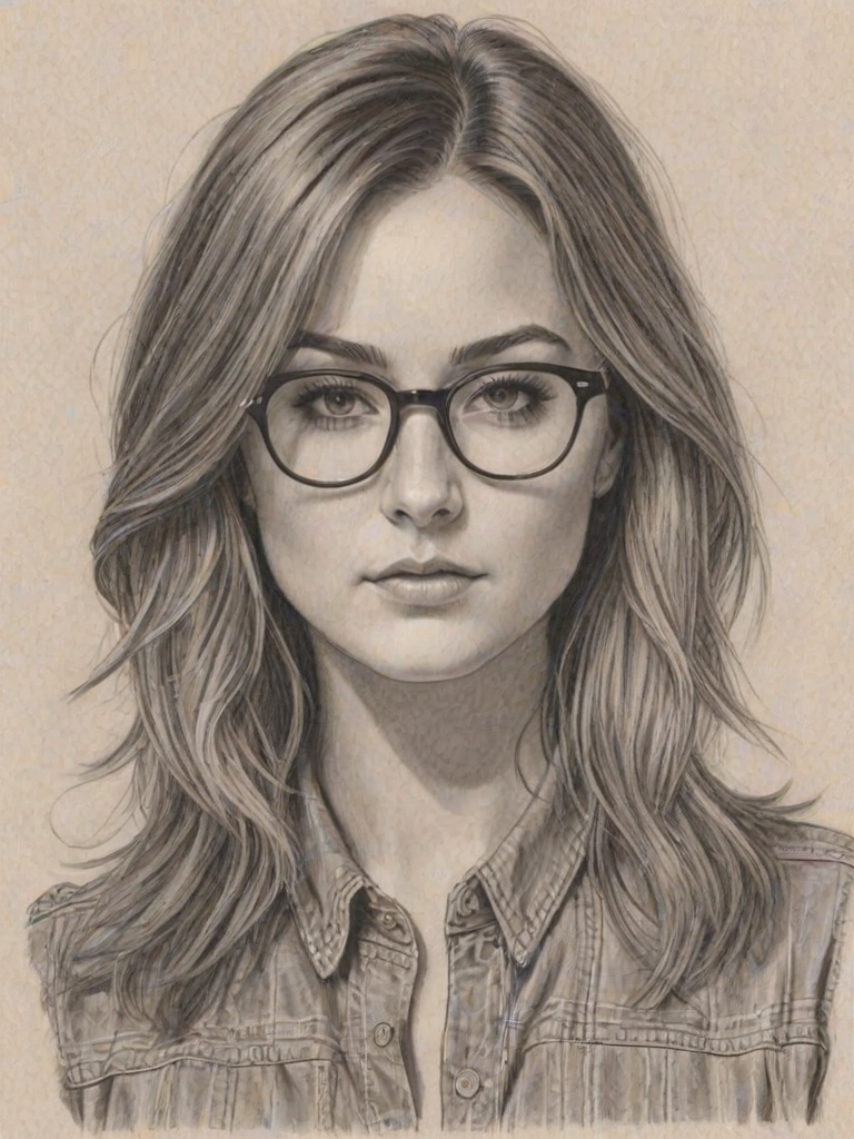 Radiant Scout Taylor-Compton, pencil sketch, portrait of Exquisite woman 1967s in glasses, hair style beatnik, outline, clear lines, fine lines, 8k