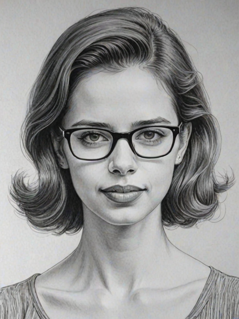 Enchanting Kalki Koechlin, pencil sketch, portrait of Elegant woman 1953s in glasses, hair style beatnik, outline, clear lines, fine lines, 8k