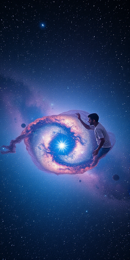 Generate a vibrant and detailed depiction of a cosmic scene with swirling galaxies and bright stars, using a Canon EOS R5 with a 24mm lens, f/2.8 aperture, ISO 800, 30-second exposure, and a wide-angle view to capture the expansive depth of space.