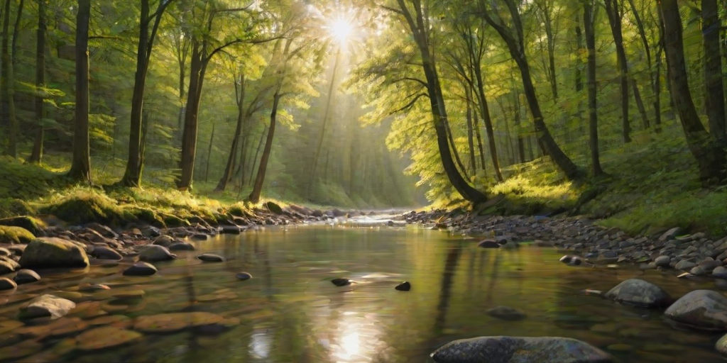 Create an image of a serene, sunlit forest scene with a clear, gently flowing river. Tall trees with lush green foliage line both sides of the river, their leaves bathed in the warm golden light of the setting or rising sun. The sunlight filters through the trees, casting soft, dappled light on the river, which flows over smooth rocks and pebbles, creating a peaceful, natural atmosphere. The sky is bright with a few scattered clouds, and the overall mood is tranquil, evoking a deep sense of connection with nature. The image captures the beauty of a calm, pristine forest landscape at either dawn or dusk.