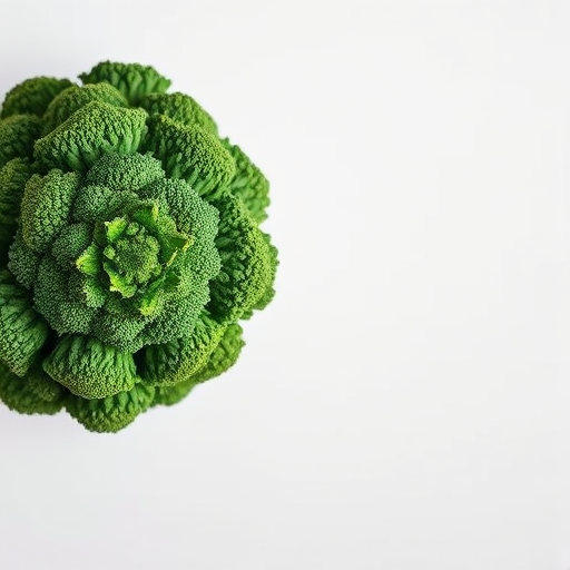 generate an image of a vibrant green broccoli against a simple white background, captured with a macro lens at f/2.8, ISO 100, 1/125 sec, top-down view, high dynamic range photography, digital SLR type