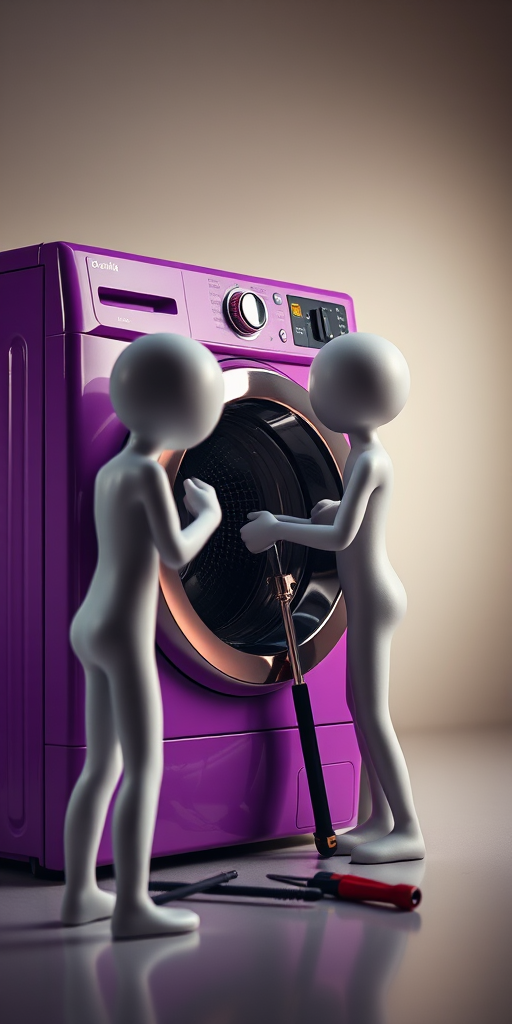 two abstract figures repairing a purple washing machine with tools, studio lighting, 50mm lens, aperture f/1.8, ISO 200, high-resolution digital photography, front view, soft-focus background