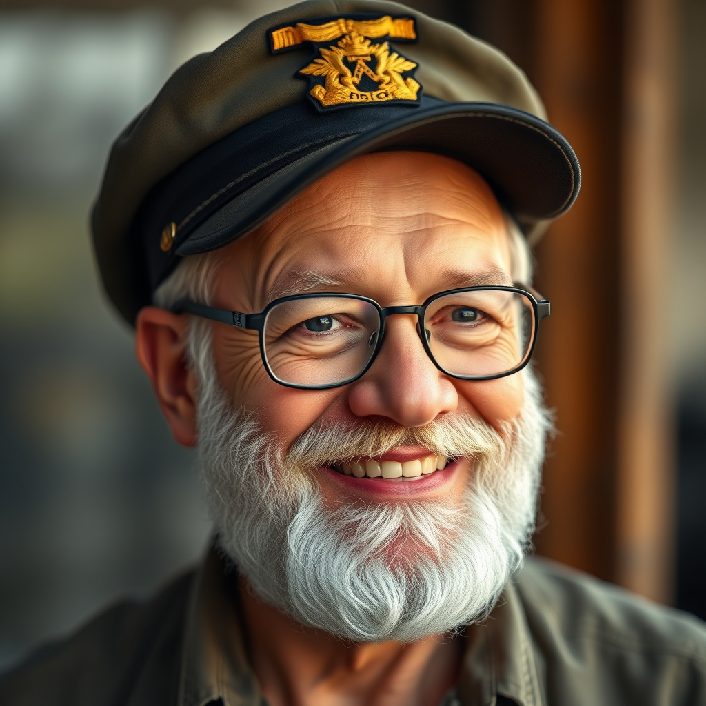 Regenerate the image of a smiling older man with a beard wearing glasses and a military-style cap in a soft-focus background, shot with a Canon EOS R5, 50mm lens, f/1.8 aperture, ISO 100, and a shallow depth of field for a portrait effect.