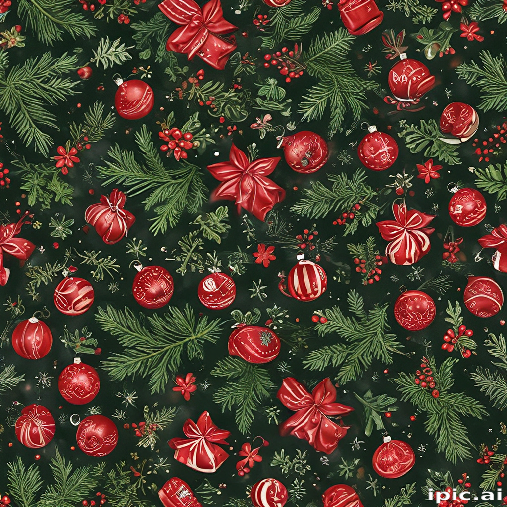 Red Festive Patterns Festive Christmas Pattern Featuring Red Ornaments and Green Pine Foliage