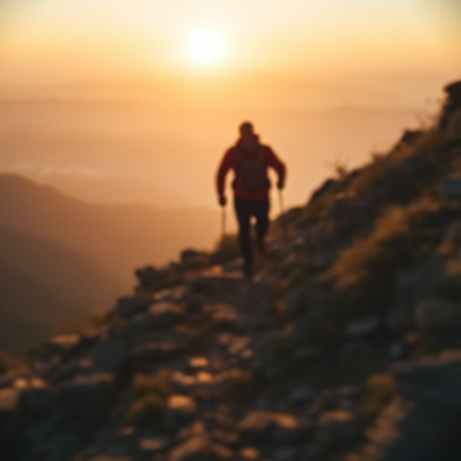 Blurry action shot of a hiker climbing a rocky trail at dawn, soft golden light from the rising sun casting long shadows on the ground, with a distant mountain range barely visible in the mist.