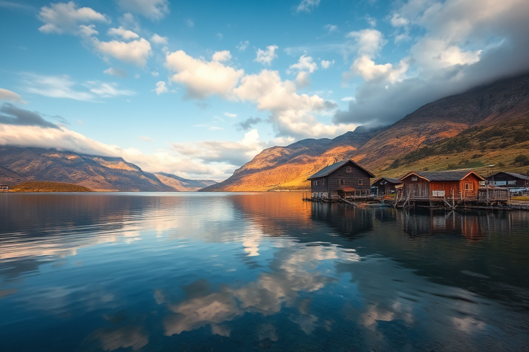 Landscape of a tranquil lake with wooden houses on the shore, surrounded by mountains and clouds, shot with a Canon EOS 5D Mark IV, 24mm lens, aperture f/8, ISO 100, HDR style, capturing vibrant colors and reflections in the water.