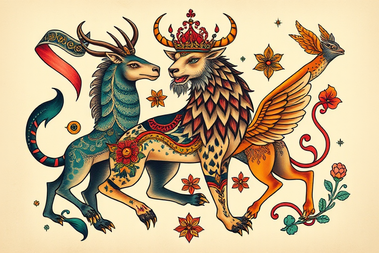 Neo-traditional tattoo titled "Regal Bestiary" featuring stylized animals with bold outlines ornate decorative elements and a rich jewel-toned color palette for a modern twist on classic designs