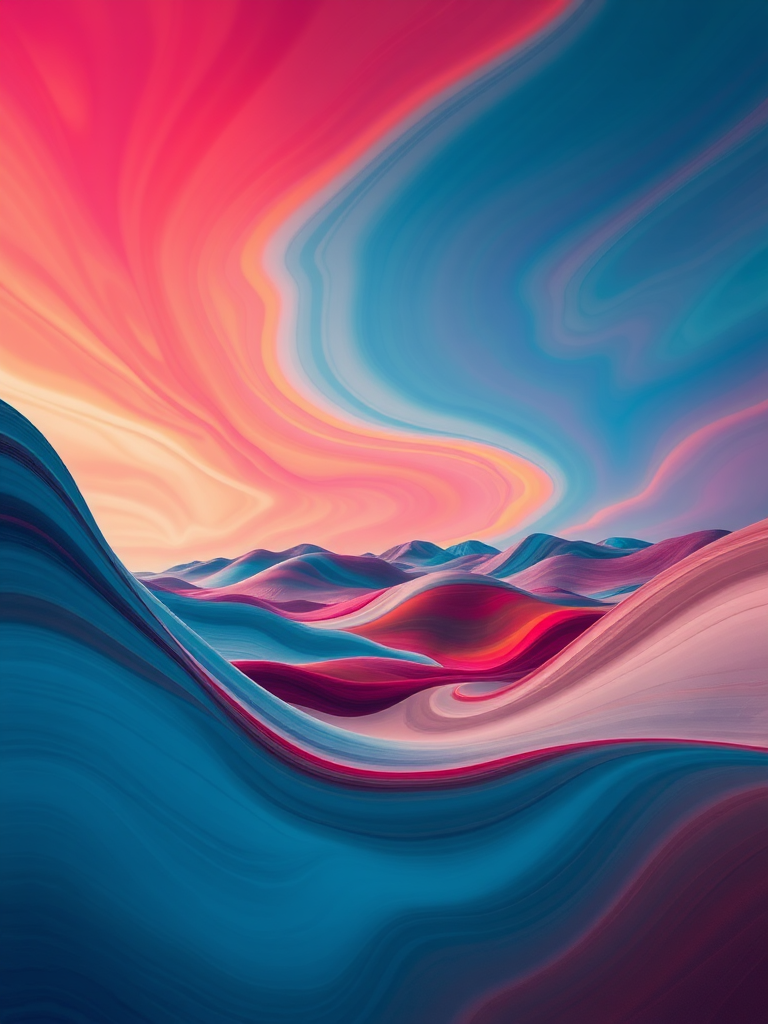 Create an image of a stylized abstract landscape featuring vibrant colors and fluid shapes, captured with a Canon EOS R5, 35mm lens, f/2.8 aperture, 1/125s shutter speed, ISO 100, in a wide-angle view for enhanced depth and detail.