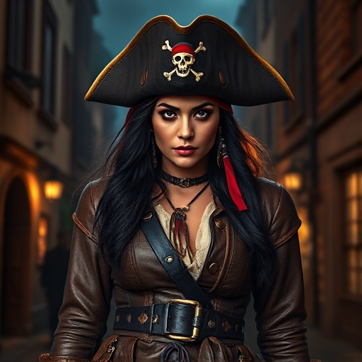 Create a portrait of a fierce female pirate. She wears a leather tricorn hat adorned with a skull and crossbones emblem, and her long, dark hair flows around her face. Her outfit consists of a richly detailed leather jacket, a corset, and multiple layers of belts and accessories, giving her a formidable and stylish appearance. She stands confidently in a dimly lit, historic port town, with a backdrop of weathered buildings and cobblestone streets, capturing the adventurous spirit of a pirate.