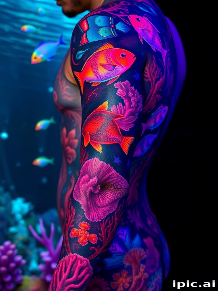 Mesmerizing full-sleeve body tattoo showcasing a realistic underwater scene with iridescent fish and coral reefs in vivid neon colors and blacklight-reactive ink