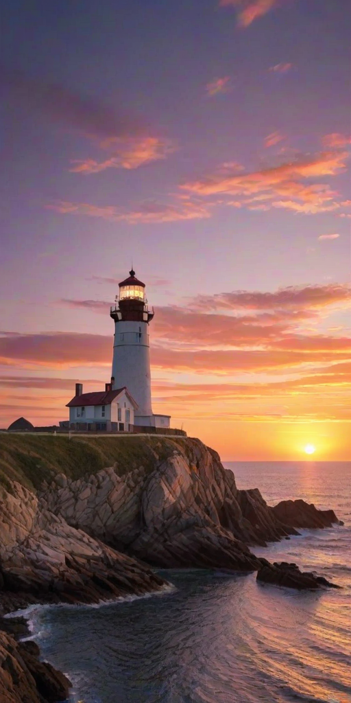 Generate an image of a tall lighthouse perched on a rocky outcrop surrounded by calm ocean waters during a breathtaking sunset. The lighthouse stands sturdy and weathered, its stone surface illuminated by the warm golden light of the setting sun. The sun's rays pass directly through the glass lantern room at the top of the lighthouse, casting a brilliant light across the scene. The sky is painted with vibrant shades of orange, pink, and purple, reflecting off the tranquil sea. The surrounding water shimmers with the same warm hues, creating a serene and majestic atmosphere.