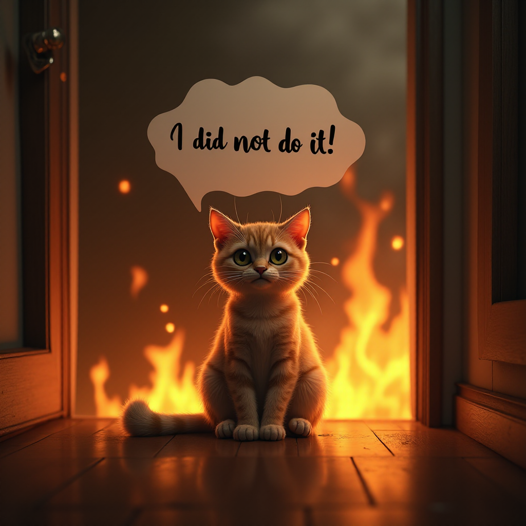Photorealistic image of an innocent-looking cat sitting calmly in the middle of a burning room. Flames engulf the room, with fire licking up the walls and smoke filling the air. The cat is sitting on the floor, looking directly at the viewer with wide, innocent eyes. Above the cat, a speech bubble says "I did not do it" The contrast between the cat's calm demeanor and the chaos around it creates a humorous and surreal scene.