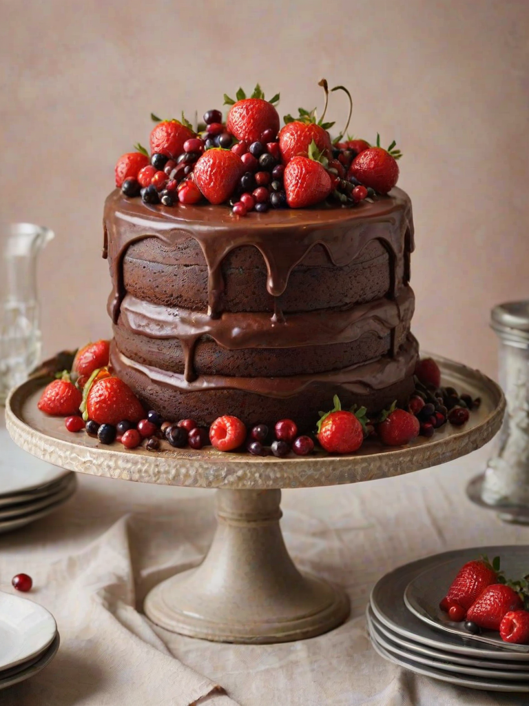 Create an elegant three-tiered chocolate cake adorned with fresh strawberries and red currants, featuring smooth chocolate frosting and a subtle shimmer, set against a soft, neutral background.
