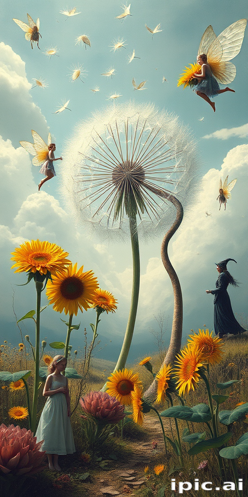A surreal allegory featuring ethereal fairies, towering sunflowers, and an enigmatic witch, all set within a dreamlike landscape. The scene is dominated by a colossal dandelion, its delicate seeds floating through the air, reminiscent of Yves Tanguy's abstract forms. The environment is a blend of otherworldly elements and natural beauty, with twisted, elongated shapes and surreal colors that evoke a sense of mystery and enchantment.