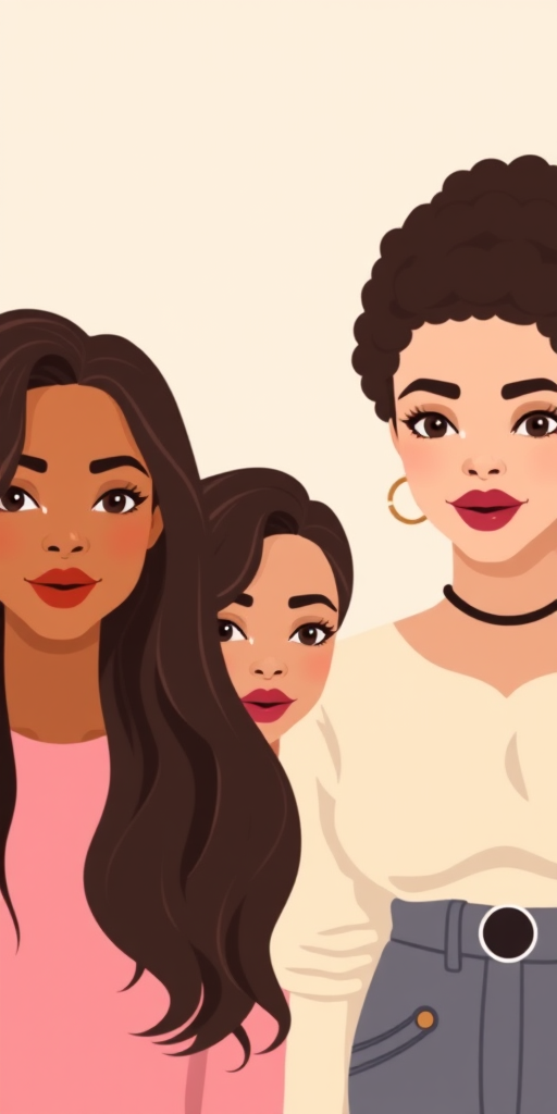 Create a digital illustration of four diverse female avatars with different hairstyles and clothing styles, utilizing a soft pastel color palette, high-resolution, shot with a Canon EOS R5 at f/2.8, 1/60s, ISO 100, in a clean, minimalistic style.