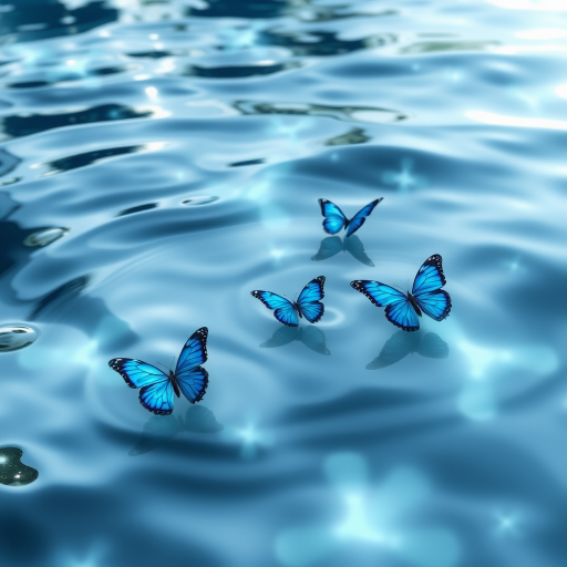Generate an image of serene water with gentle ripples, featuring several vibrant blue butterflies gracefully floating on the surface. The scene should capture the play of light reflecting off the water, creating a tranquil and dreamy atmosphere.