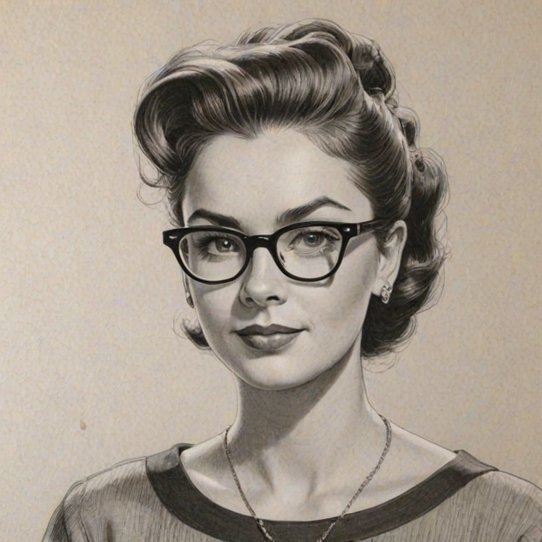 Bewitching Sabrina Dhowre, pencil sketch, portrait of Delightful woman 1952s in glasses, hair style beatnik, outline, clear lines, fine lines, 8k
