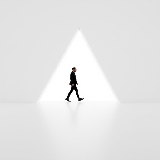 Create a minimalist black silhouette of a person walking inside a triangular frame with a clean white background, using a DSLR camera, 50mm lens, f/2.8 aperture, ISO 100, and natural lighting for a high contrast effect.