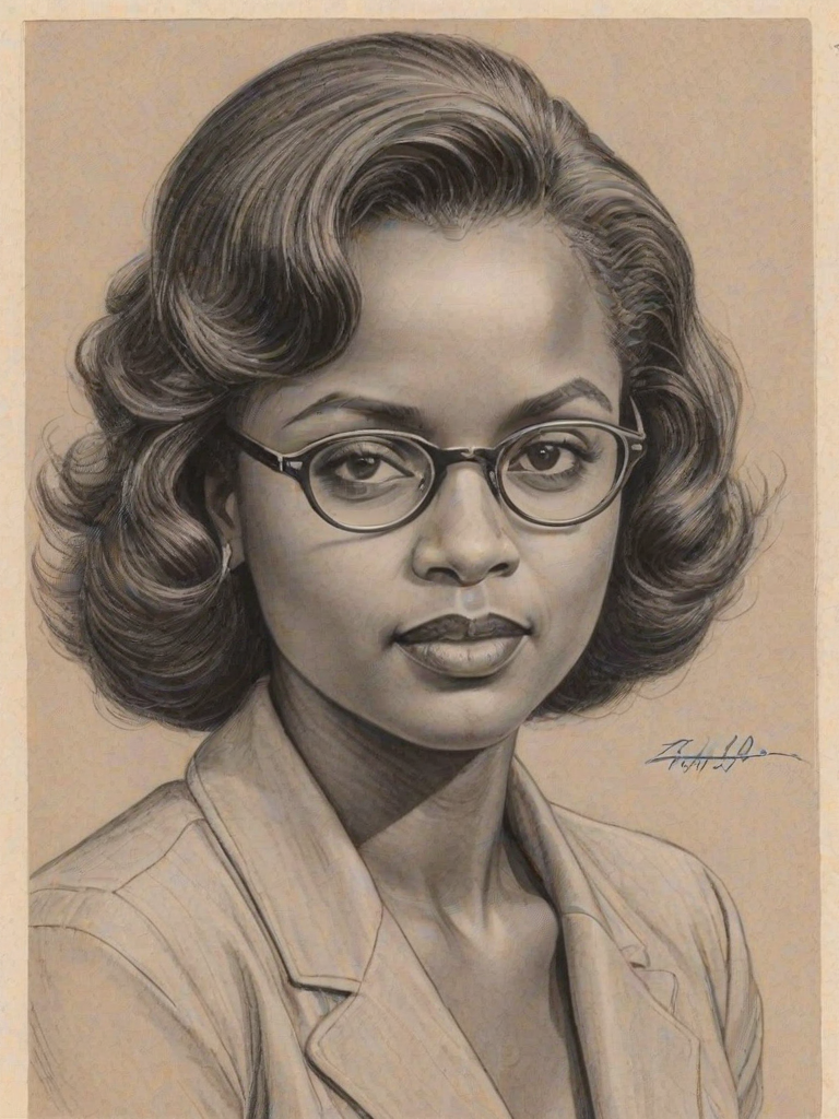Alluring Anita Hill, pencil sketch, portrait of Resplendent woman 1936s in glasses, hair style beatnik, outline, clear lines, fine lines, 8k