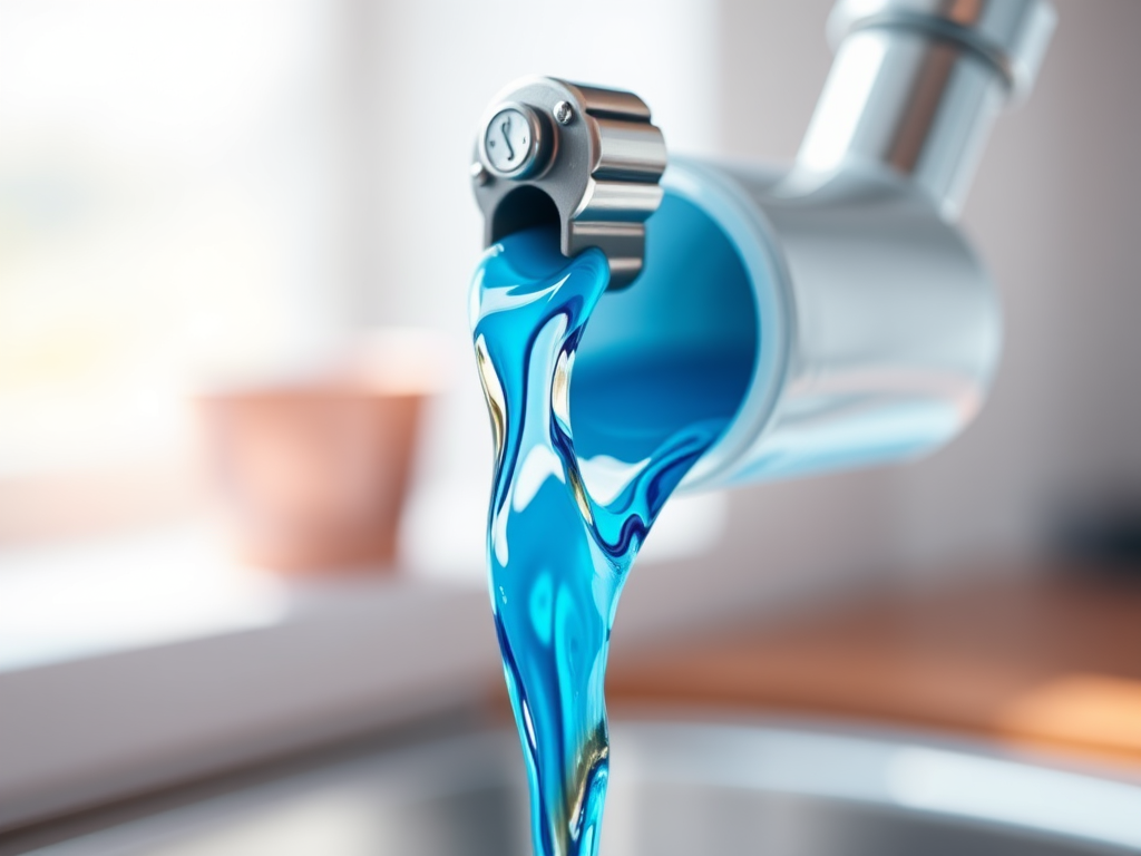 Create a high-resolution illustration of a pouring spout with blue liquid flowing out, using a macro lens at f/2.8, ISO 100, 1/125s shutter speed, with a soft focus background and bright, natural lighting.