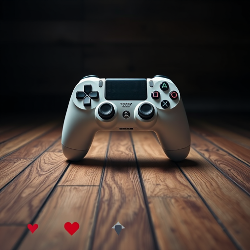 Create an image of a dimly lit room with wooden planks as the background, a white game controller prominently displayed in the center, with decorative elements like icons for heart, star, and diamond at the bottom corners, using a DSLR camera, aperture f/2.8, ISO 400, 50mm lens, and a slight vignette effect for depth.