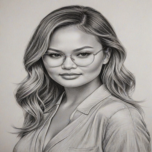 Gorgeous Chrissy Teigen, pencil sketch, portrait of Dazzling woman 1970s in glasses, hair style beatnik, outline, clear lines, fine lines, 8k