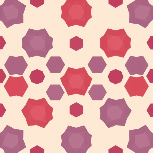 Create a seamless hexagonal pattern featuring alternating shades of purple, red, and gray on a beige background, captured with a DSLR camera at f/8, ISO 100, 50mm lens, overhead view, sharp focus, vibrant colors.