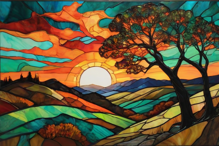 A vibrant abstract painting on Tiffany Glass, blending acrylic and alcohol ink techniques, captures a dramatic sunset over rolling hills. The artwork features a textured, rocky foreground in green and brown, layered abstract hills, and a striking sunset in rich oranges, yellows, and reds. A solitary black tree with intricate branches contrasts against the fiery sky, creating a dynamic and expressive portrayal of a breathtaking natural scene.