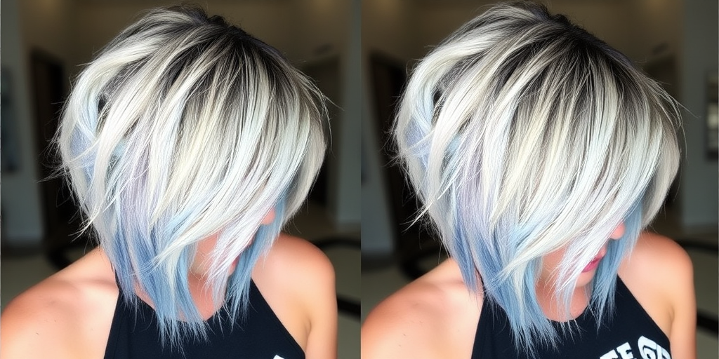 Edgy asymmetrical lob in platinum blonde, featuring dark roots and icy blue tips, styled with tousled waves for a cool, contemporary look