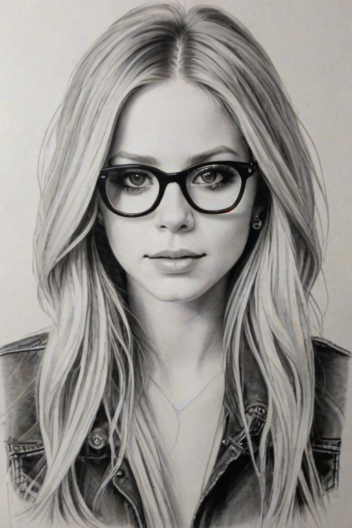 Alluring Avril Lavigne, pencil sketch, portrait of Delightful woman 1975s in glasses, hair style beatnik, outline, clear lines, fine lines, 8k