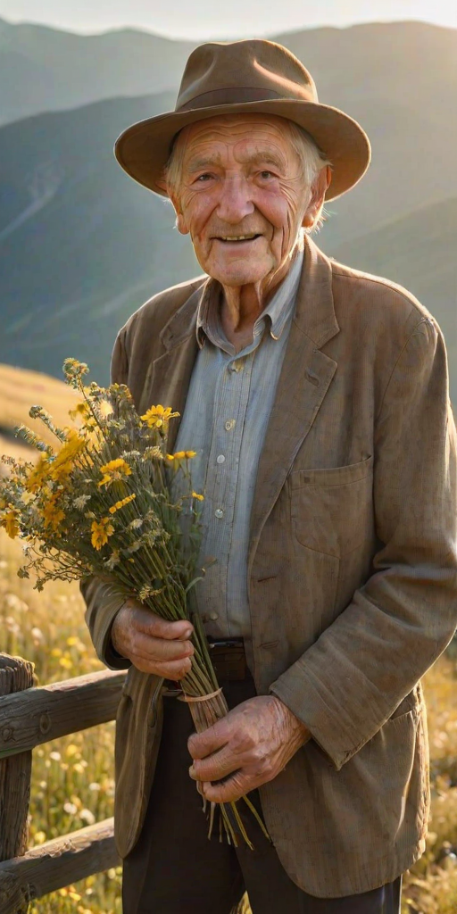 High-resolution image, late afternoon light, an elderly man with a worn hat and wrinkled face, standing by an old wooden fence, holding a bouquet of wildflowers, sun setting in the background, golden light casting long shadows, mountains in the distance, soft focus on the flowers in his hand, gentle smile on his face.